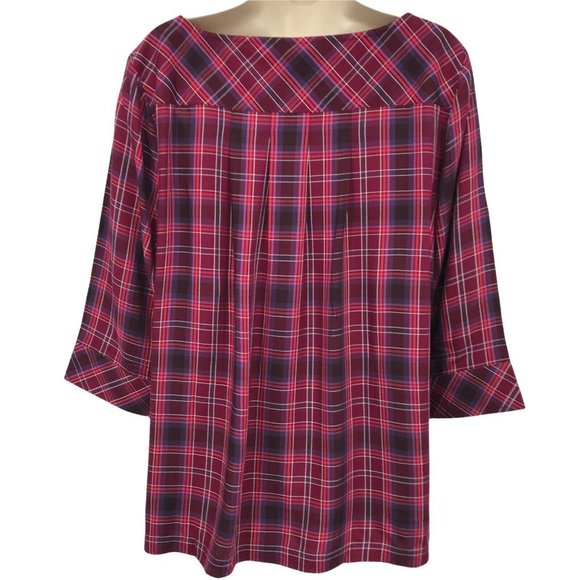 J Jill Womens Long Sleeves V Neck Pullover Plum Multi Plaid Tunic Top - Picture 2 of 8